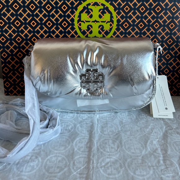 Tory Burch Britten Metallic Puffy Convertible Crossbody Bag Silver - Picture 1 of 11